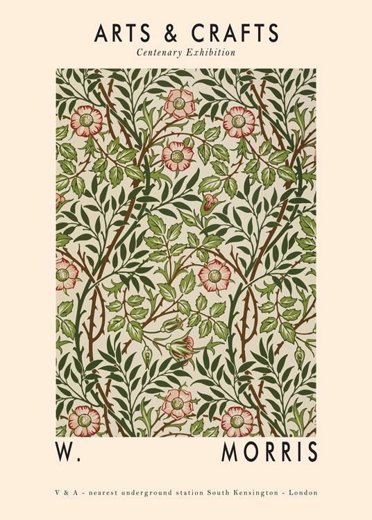  – Illustratie met een patroon van groene bladeren en rode bloemen tegen een beige achtergrond