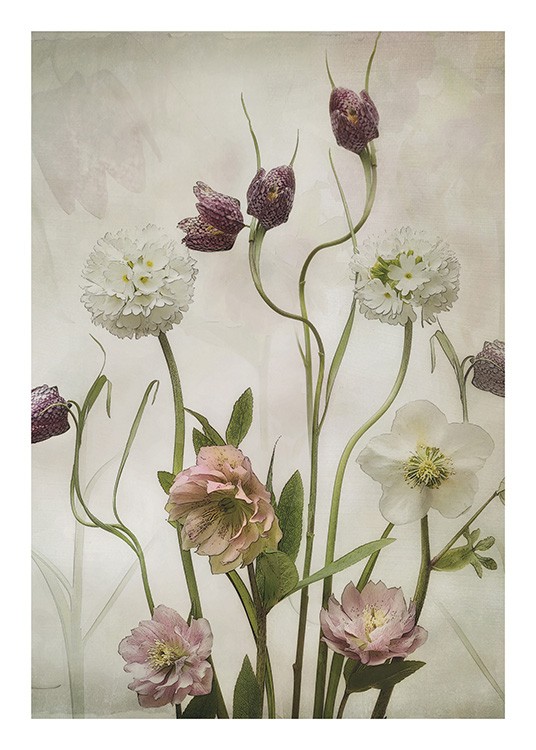 – Schilderij van een bos wilde tuinbloemen in wit, paars en roze tegen een beige achtergrond