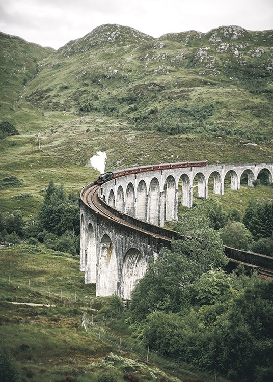  – Foto van het Glenfinnan viaduct en een trein omringd door een groen landschap