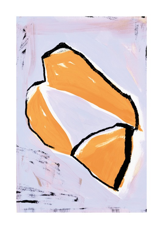  – Illustratie met een abstracte vorm in oranje, met zwarte en witte contouren op een paarse achtergrond