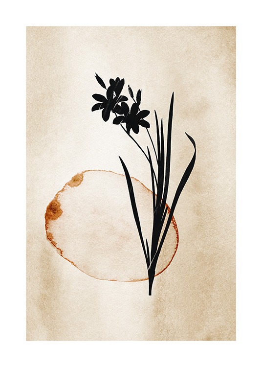  – Schilderij in aquarel van een zwarte bloem met bladeren en een bruine cirkel op een beige achtergrond