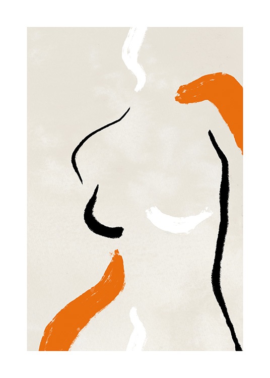  – Line art schilderij van een abstract lichaam met witte, oranje en zwarte contouren op een beige achtergrond