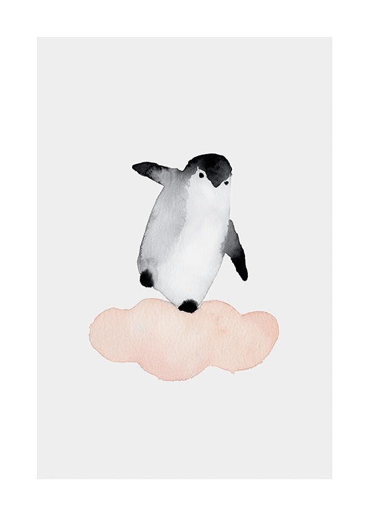 – Schilderij in aquarel van een pinguïn die op een roze wolk balanceert, tegen een lichtgrijze achtergrond