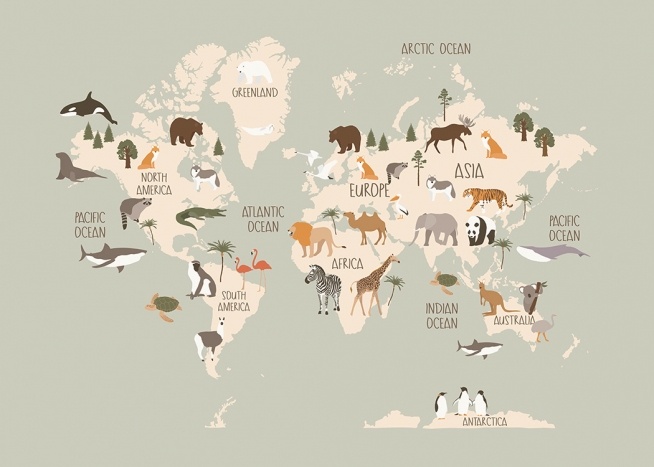  – Grafische illustratie van dieren op een beige wereldkaart tegen een grijze achtergrond