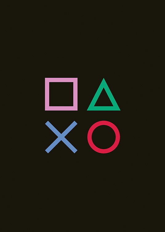  – Grafische illustratie met game controller symbolen in roze, groen, blauw en rood op een zwarte achtergrond