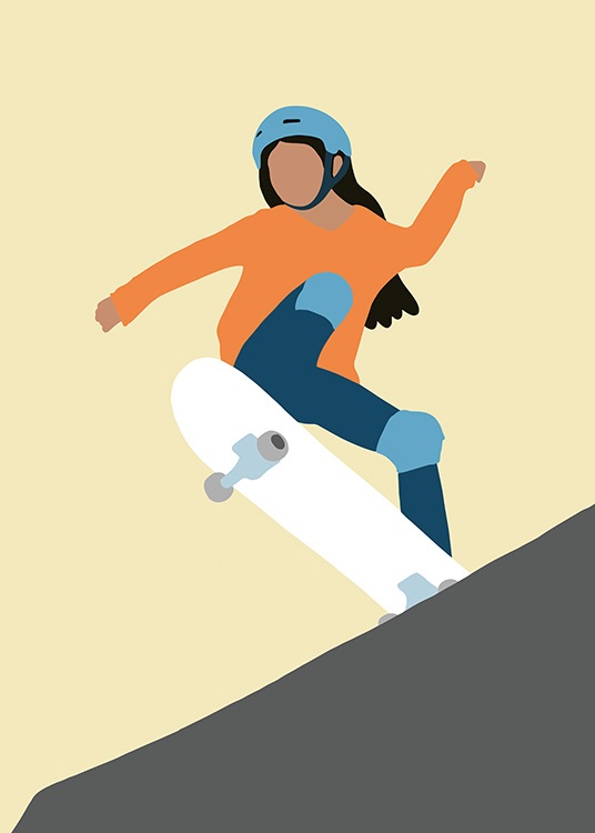  – Grafische illustratie van een meisje op een skateboard dat een blauwe helm en oranje shirt draagt
