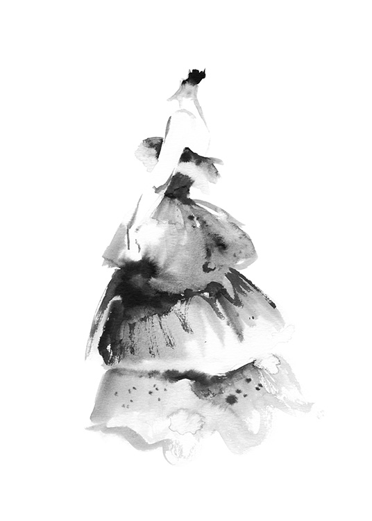  – Aquarel van een lange jurk met stroken in zwart op een witte achtergrond