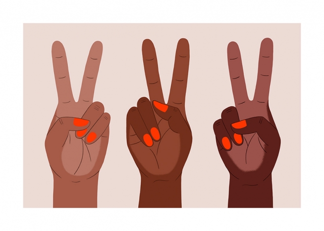  – Grafische illustratie van handen met roodgelakte nagels die het vredesteken maken, op een lichtroze achtergrond