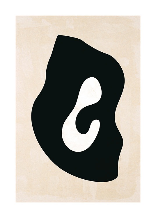  – Grafische illustratie van een abstracte vorm in zwart met een wit midden, op een lichtbeige achtergrond