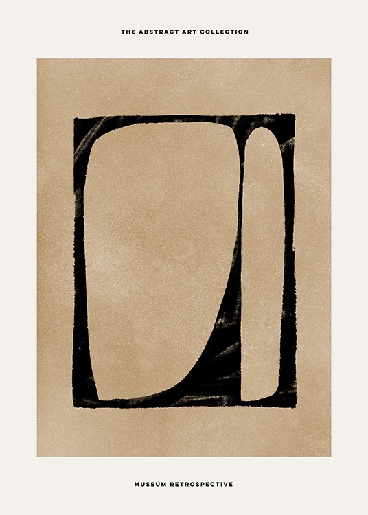  – Abstract schilderij met een zwarte vorm op een beige achtergrond, met tekst aan de boven- en onderkant