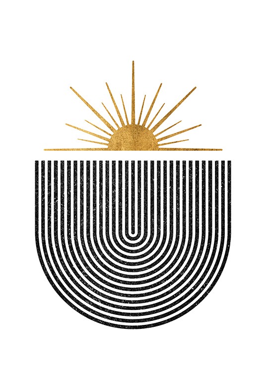  – Grafische illustratie met een zon in goud die boven een zwarte boog uitkomt