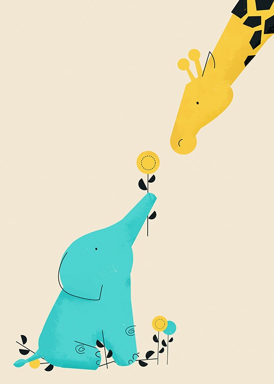  – Grafische illustratie van een giraf en een blauwe olifant en bloemen, op een beige achtergrond