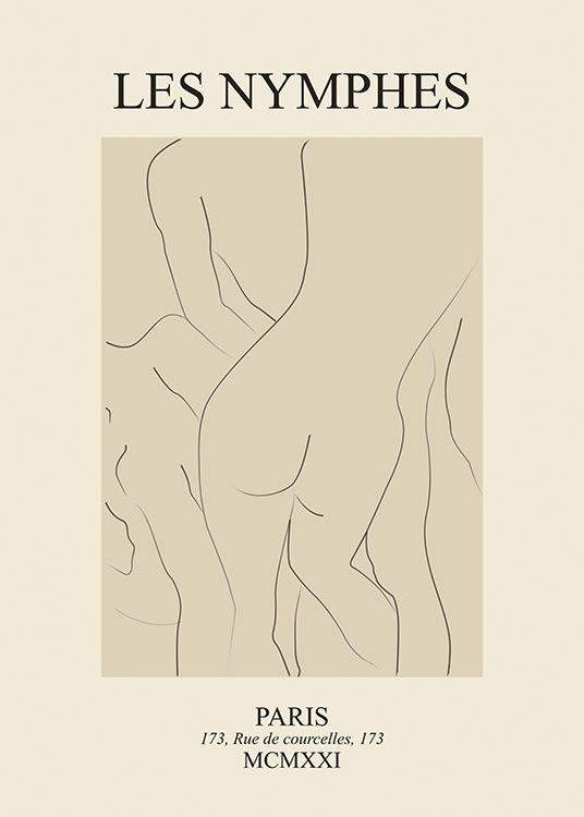  – Illustratie in line art van naakte lichamen op een beige achtergrond, met tekst aan de boven- en de onderkant
