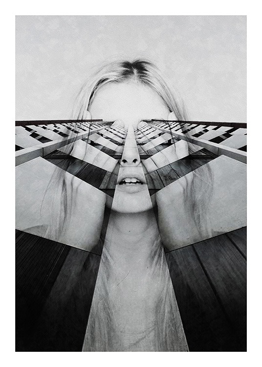  – Zwart-witfoto van een vrouw die haar handen boven haar ogen houdt