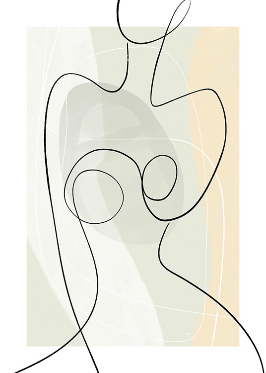  – Abstracte, grafische illustratie van een lichaam in line art op een lichtgroene en gele achtergrond met witte lijnen