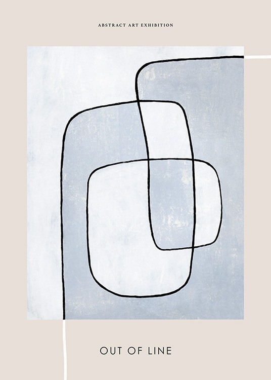  – Schilderij met een abstracte, zwarte lijn op een blauwe en beige achtergrond, met tekst aan de boven- en onderkant
