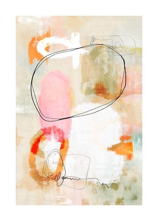  – Abstracte aquarel met vormen in oranje, roze, zwart en wit op een beige en groene achtergrond