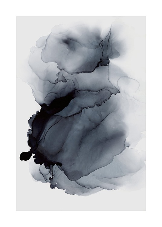  – Schilderij met abstracte inkt in het zwart, dat uitvloeit tegen een lichtgrijze achtergrond