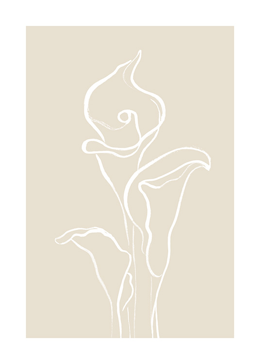  – Illustratie van drie witte calla lelies tegen een beige achtergrond