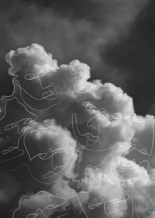  – Zwart-wit foto van wolken bedekt met abstracte gezichten in witte line art