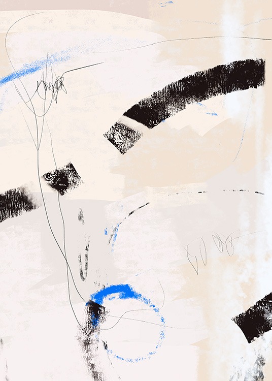  – Schilderij met abstracte lijnen in blauw en zwart, tegen een beige achtergrond met textuur