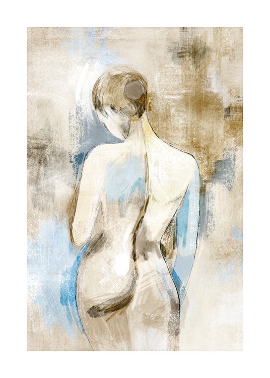  – Schilderij van een naakte vrouw van achteren gezien, op een blauwe en beige achtergrond