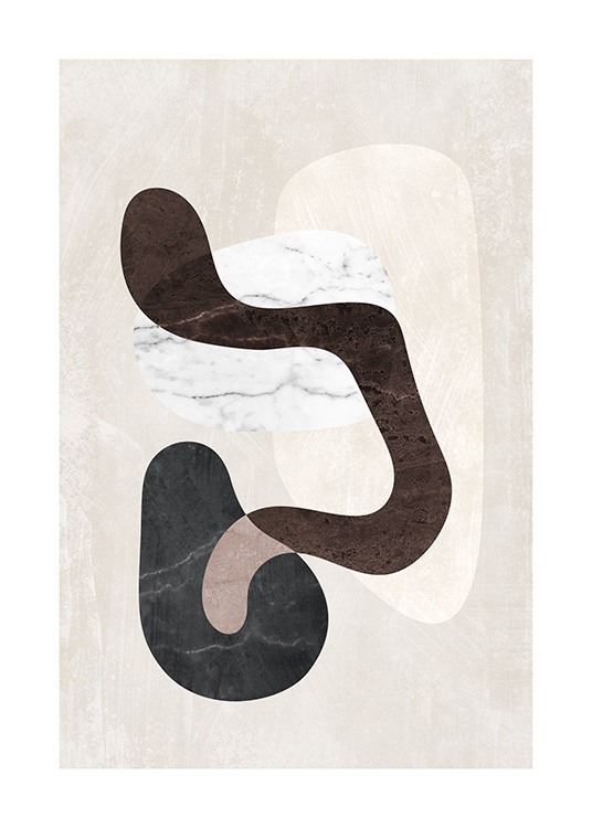 – Grafische illustratie met een aantal abstracte vormen in beige, zwart, wit en bruin met marmerstructuur