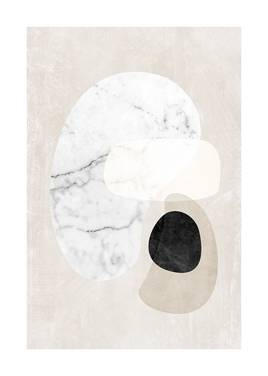  – Grafische illustratie met abstracte marmeren vormen in wit, zwart en beige op een beige achtergrond