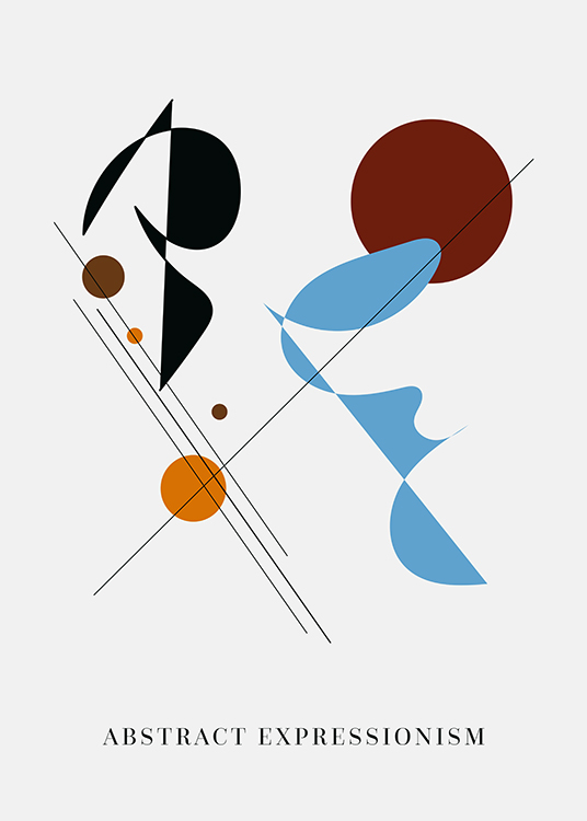  – Grafische illustratie met lijnen abstracte vormen in bruin, blauw en zwart op een lichtgrijze achtergrond
