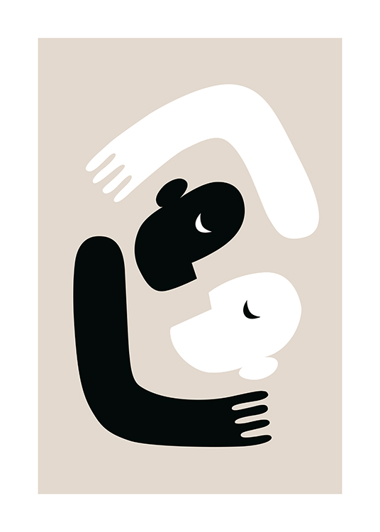  – Grafische illustratie van twee zwarte en witte armen en gezichten die elkaar omhelzen, op een beige achtergrond