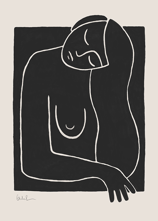  – Grafische illustratie in line art van het bovenlichaam van een naakte vrouw in zwart en wit getekend op een beige achtergrond