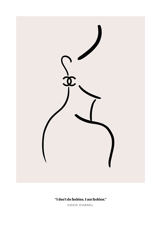  – Illustratie van een vrouw in line art, die een oorbel van Chanel draagt, en een citaat van Coco Chanel aan de onderkant
