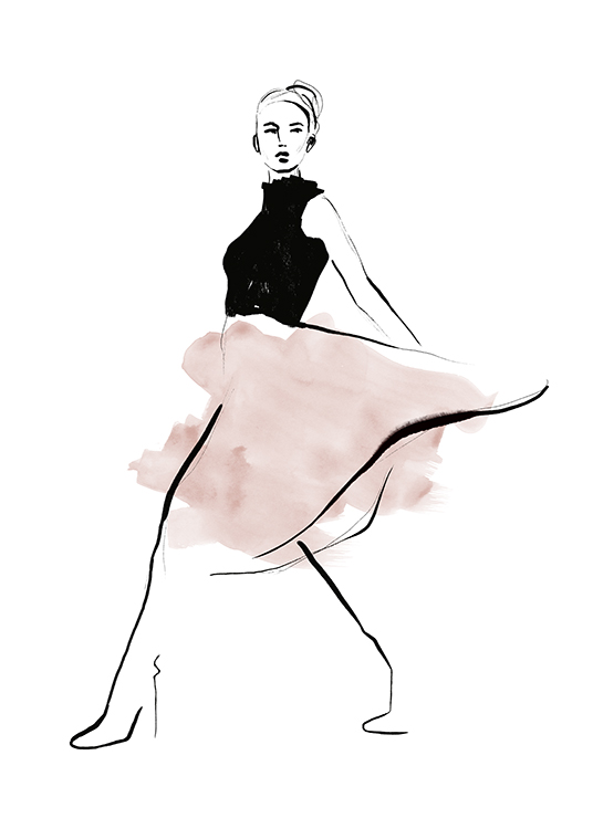  – Illustratie van een vrouw in een roze rok en zwart lijfje op een witte achtergrond