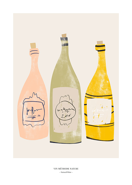  – Grafische illustratie van roze, groene en gele wijnflessen op een beige achtergrond en tekst aan de onderkant
