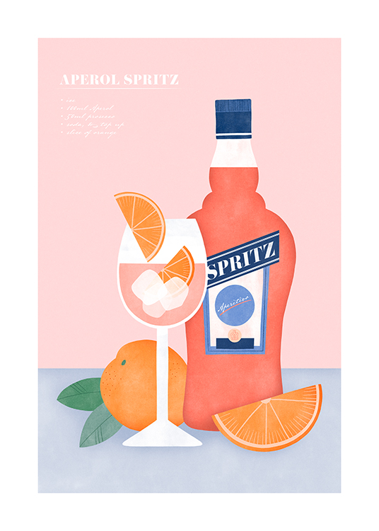  – Grafische illustratie van een Aperol Spritz en sinaasappelen op een blauwe en roze achtergrond met een recept aan de bovenkant