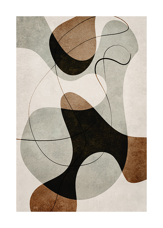  – Grafische illustratie met abstracte vormen en lijnen in bruin en grijs op een beige achtergrond