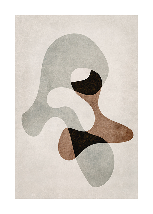  – Grafische illustratie van een abstract figuur in grijs en tinten bruin op een beige achtergrond