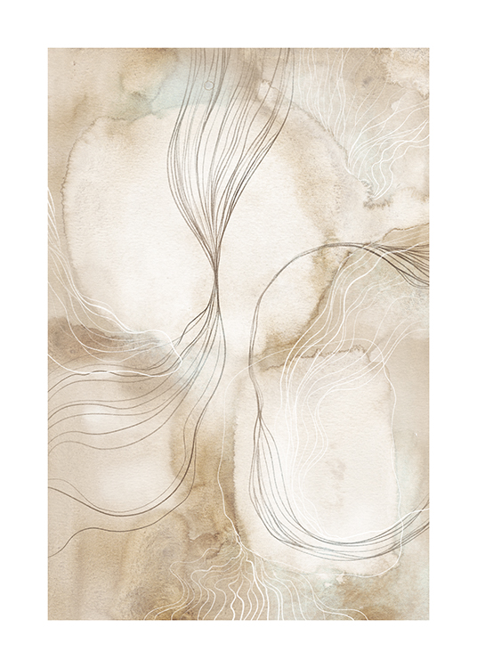  – Illustratie met abstracte lijnen in grijs en wit op een beige achtergrond in aquarel