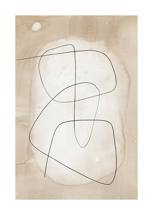  – Abstracte illustratie met een zwarte, kronkelende lijn op een beige aquarelachtergrond
