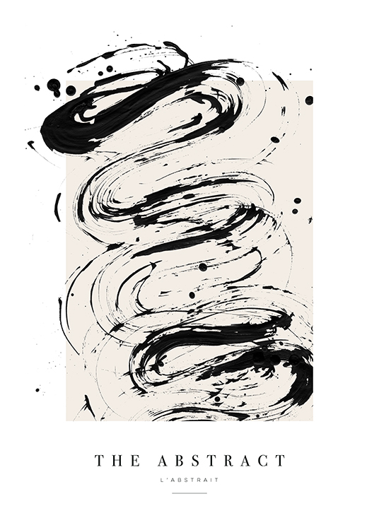  – Schilderij met abstracte verfspetters in zwart op een beige achtergrond en tekst eronder