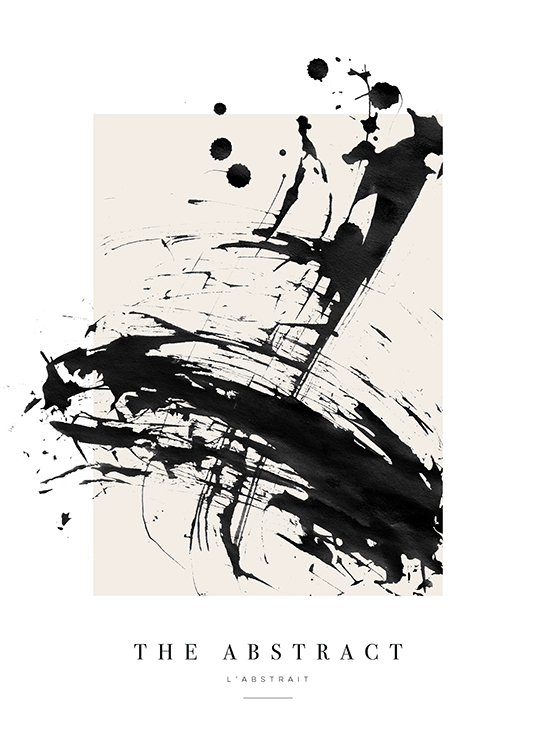  – Schilderij met abstracte verfspetters in zwart tegen een beige achtergrond en tekst aan de onderkant