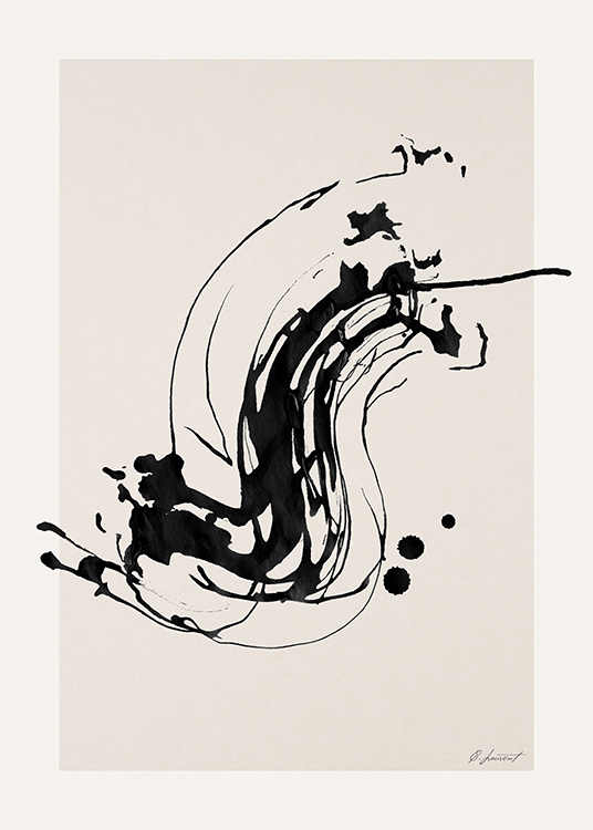  – Schilderij met een abstract figuur in zwarte, gespetterde verf op een beige achtergrond