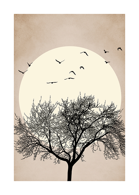  – Grafische illustratie van een grote, zwarte boom met vogels erboven en een gele zon op de achtergrond