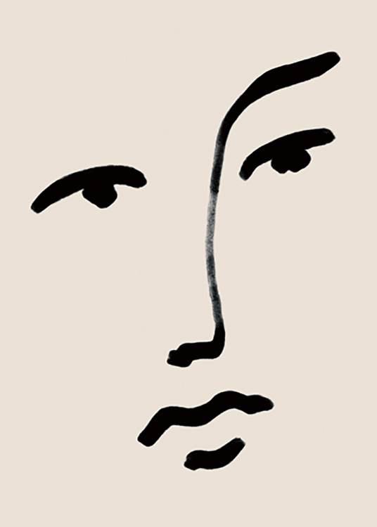  – Illustratie van een ogen, een neus en lippen in zwarte line art op een beige achtergrond