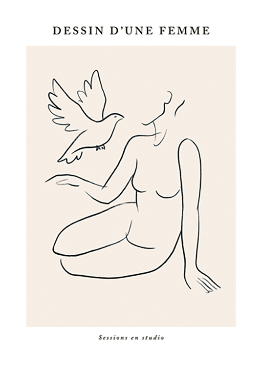  – Illustratie in line art van een vrouw die zit en een duif, met tekst erboven en eronder