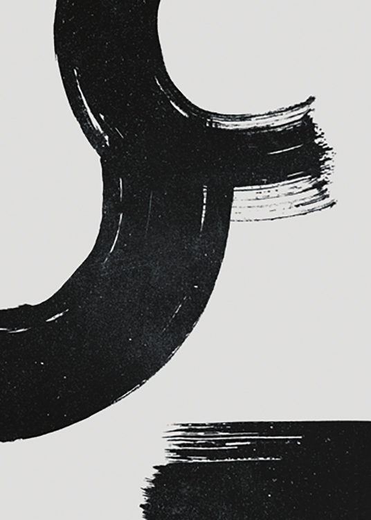  – Abstract schilderij met zwarte, dikke penseelstreken met witte vlekken, op een grijze achtergrond