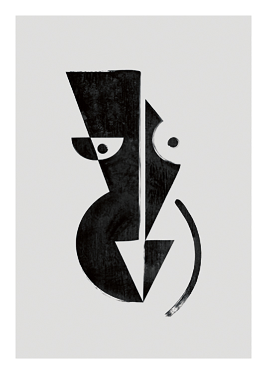  – Grafische illustratie met een zwart, abstract lichaam gemaakt van geometrische vormen tegen een grijze achtergrond