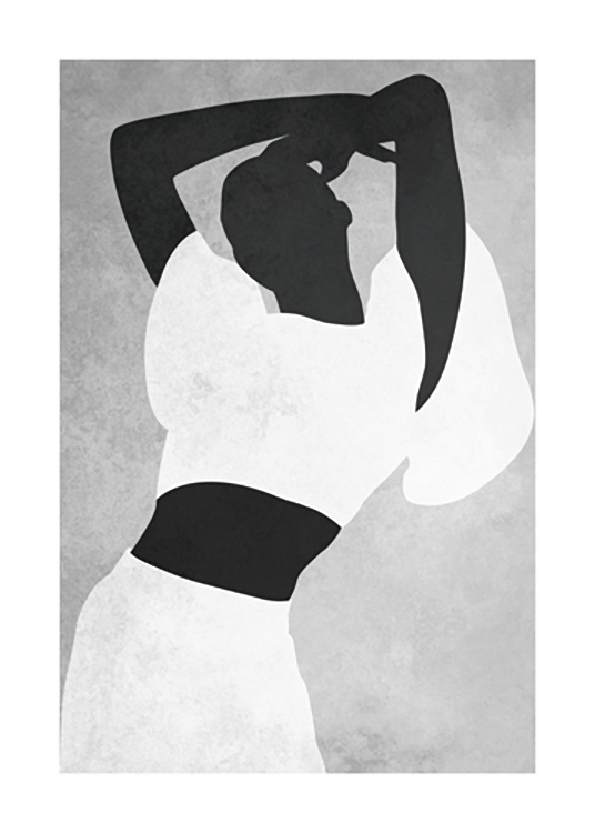  – Grafische illustratie van een vrouw in witte kleren met haar armen boven haar hoofd, tegen een grijze achtergrond