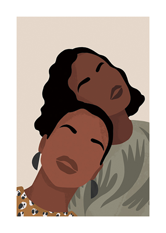  – Grafische illustratie met twee vrouwen met gedessineerde tops en zwart haar die op elkaar leunen