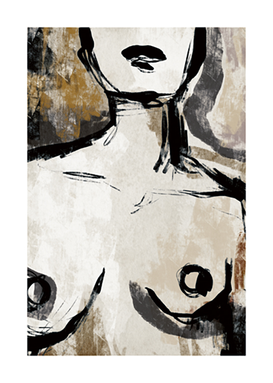  – Illustratie van de naakte borst en hals van een vrouw in beige en zwart tegen een bruine en beige achtergrond
